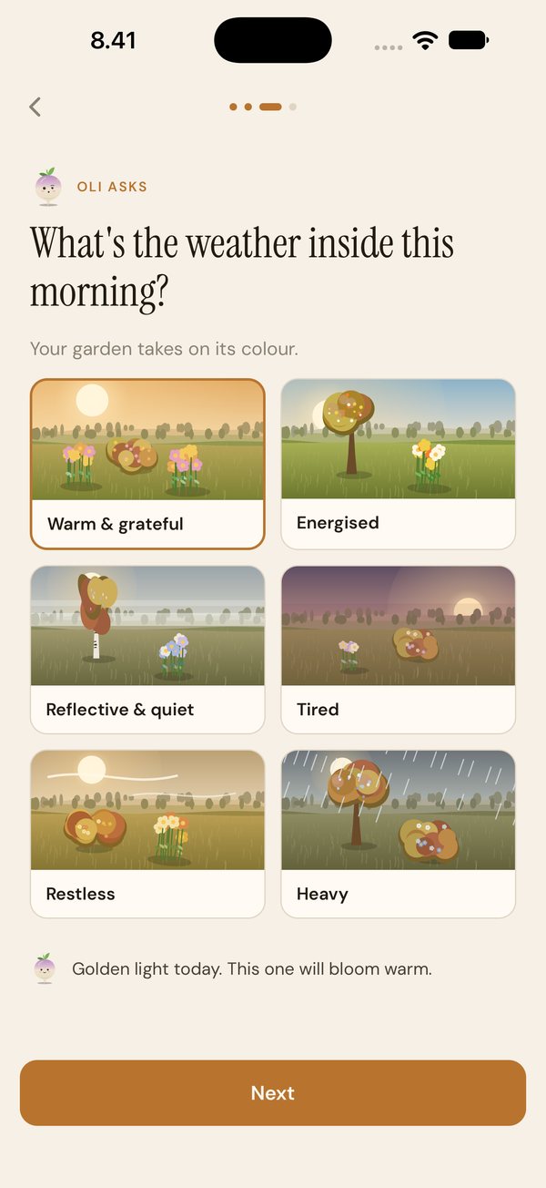Six weather tiles to choose today's mood, each a small garden scene