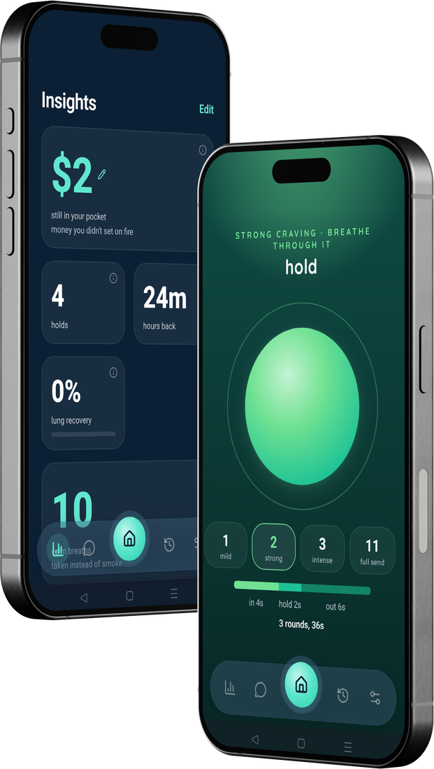 Smokeless app screens: Insights and the hold-to-breathe screen